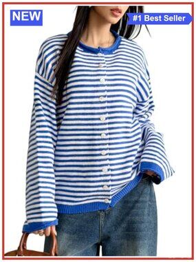 Striped Button Down Long Sleeve Knit Cardigan Sweater